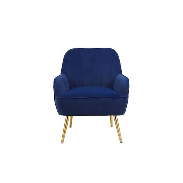 Unbranded Gold Iron Wood Outdoor Lounge Chair with Navy Velvet Cushions for Living Room, Bedroom, Office