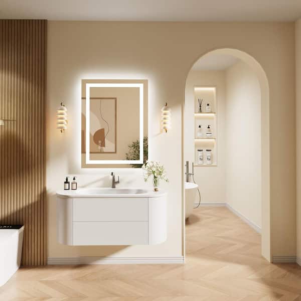 28 in. W x 20 in. H Small Rectangular Frameless LED Light Dimmable Anti-Fog wall mount Bathroom Vanity Mirror