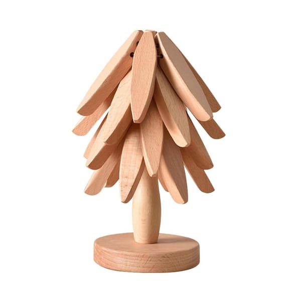 8 in. Natural Wood Beech Walnut Tree Design Hot Pot Holder Trivets Space-Saving Set of 4 With Storage Stand