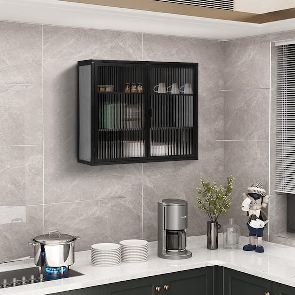 9.06 in. W x 23.62 in. H Rectangular Black Metal Surface Mount Medicine Cabinet without Mirror with 3-Tier Storage