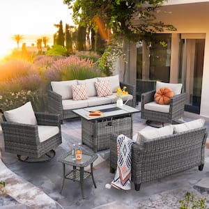 Mirage 6-Piece Wicker Patio Rectangular Fire Pit Set and with Beige Cushions and Swivel Rocking Chairs