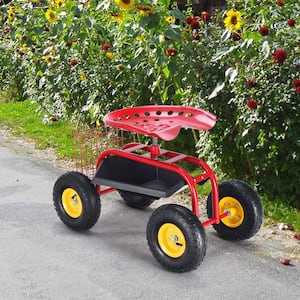 33 in. Dia Red Iron Garden Cart with Heavy-Duty Tool Tray