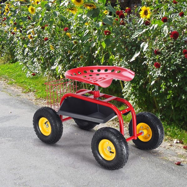 33 in. Dia Red Iron Garden Cart with Heavy-Duty Tool Tray