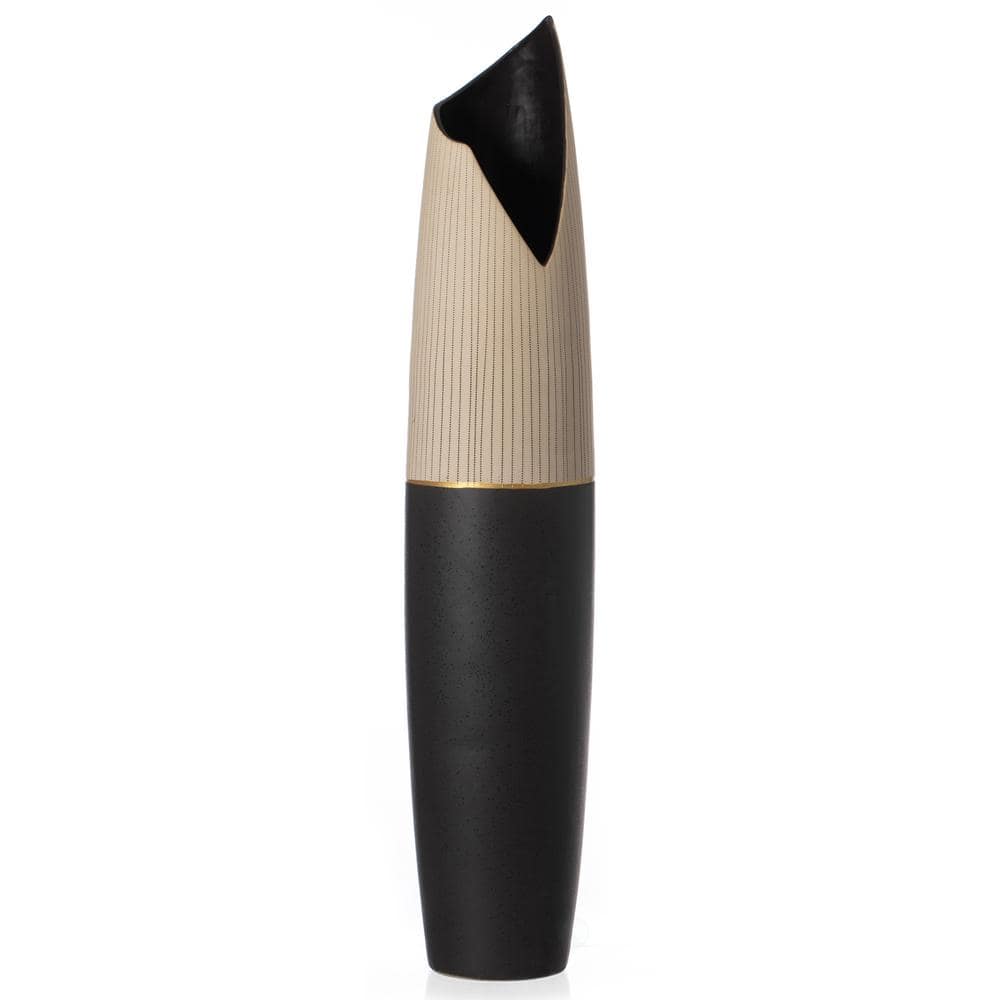 37 in. Ceramic Floor Vase - Handcrafted Beige Polka Dot Top and Black Botto
