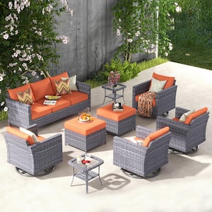 Megon Holly Gray 9-Piece Wicker Patio Conversation Seating Sofa Set with Orange Cushions and Swivel Rocking Chairs