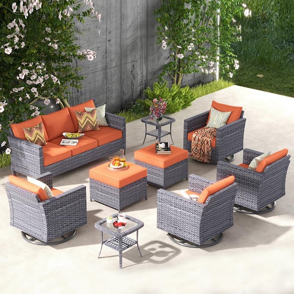 XIZZI Megon Holly Gray 9-Piece Wicker Patio Conversation Seating Sofa Set with Orange Cushions and Swivel Rocking Chairs