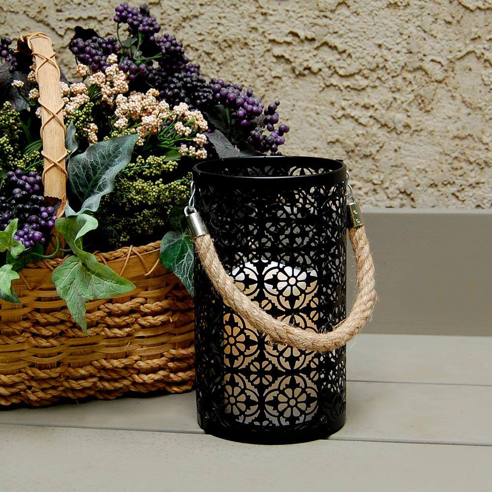 Black Jacquard Metal Hanging Tabletop Lantern with LED Candle