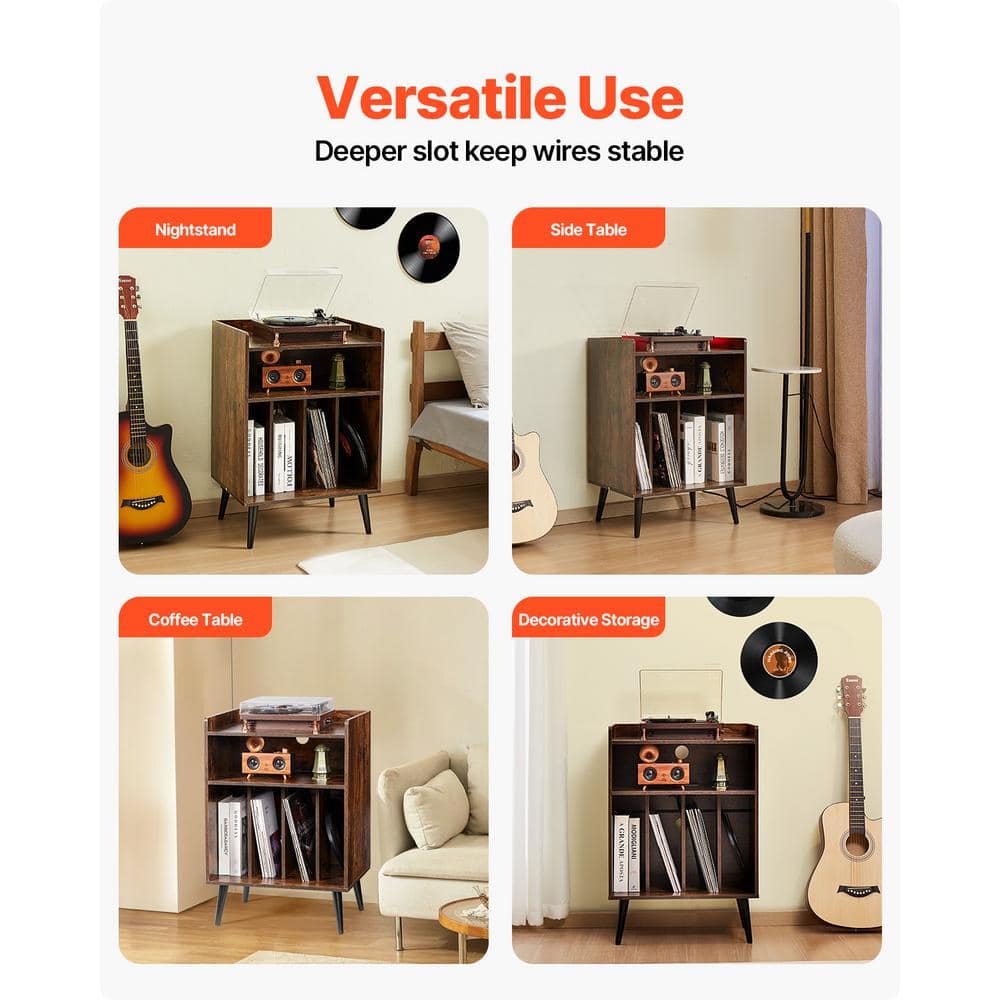 Brown Wood 3-Tier Record Player Stand with LED Light and USB Ports