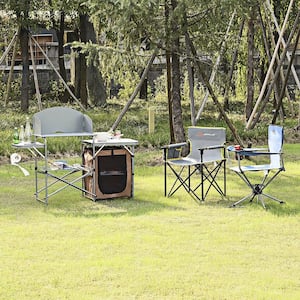 Foldable Camping Table Outdoor BBQ Portable Grilling Stand with Windscreen Bag Chair