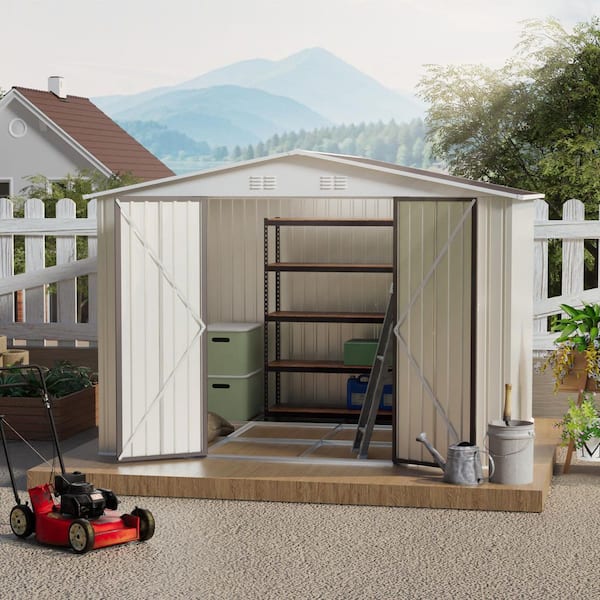10 ft. W x 8 ft. D Cream White Metal Outdoor Storage Shed Aluminum Alloy Frame with Hinge Door Foundation(79.43 sq. ft.)