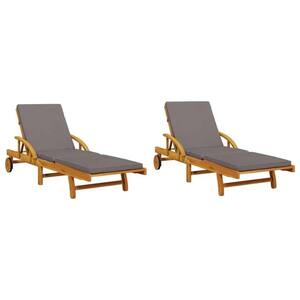 Solid Wood Acacia Outdoor Sun Chaise Lounge with Dark Gray Cushions, 2-Pack