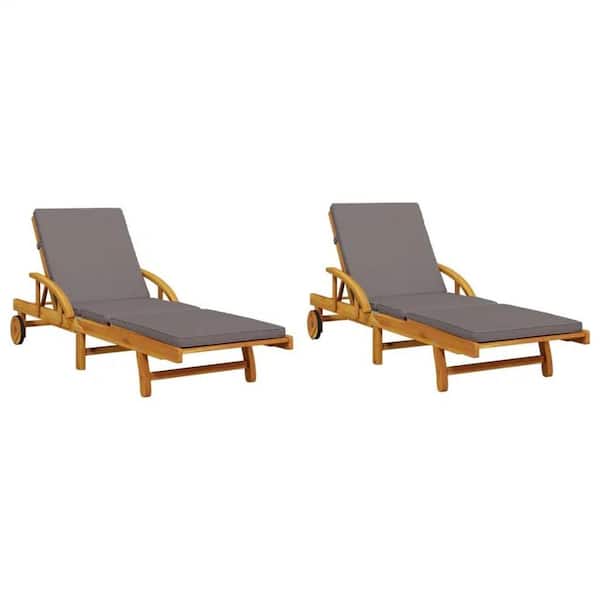 ITOPFOX Solid Wood Acacia Outdoor Sun Chaise Lounge with Dark Gray Cushions, 2-Pack
