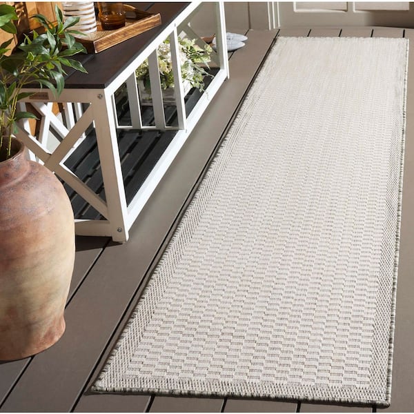 Beach House Ivory/Light Gray 2 ft. x 8 ft. Geometric Border Indoor/Outdoor Runner Rug