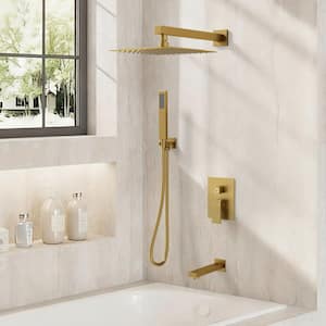 Double Handles 3-Spray 10 in. Wall Mount Shower Head Tub and Shower Faucet in Brushed Gold (Valve Included)