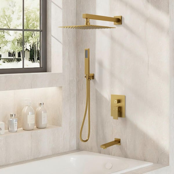 Double Handles 3-Spray 10 in. Wall Mount Shower Head Tub and Shower Faucet in Brushed Gold (Valve Included)