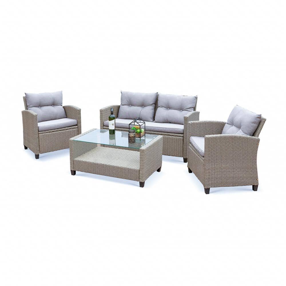 Versailles 4-Piece Gray Wicker Patio Conversation Set with Cushions