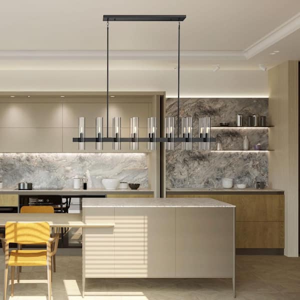 54 in. 16 Light Dimmable LED Black Rectangular Kitchen Island Chandelier with Glass Shade, for Living Room, Bedroom