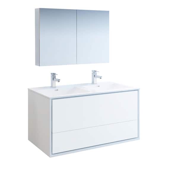 Fresca Catania 48 in. Modern Double Wall Hung Vanity in Glossy White, Vanity Top in White with White Basins, Medicine Cabinet