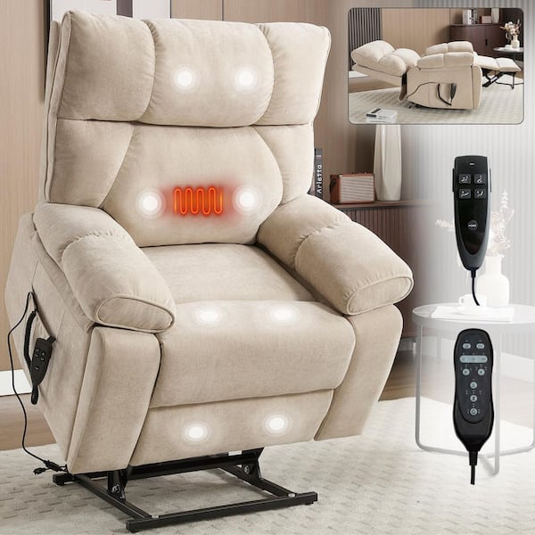 Beige Heat Massage Dual Motor Infinite Position Up to 350 LBS Large Chenille Power Lift Recliners with Hidden Cup Holder