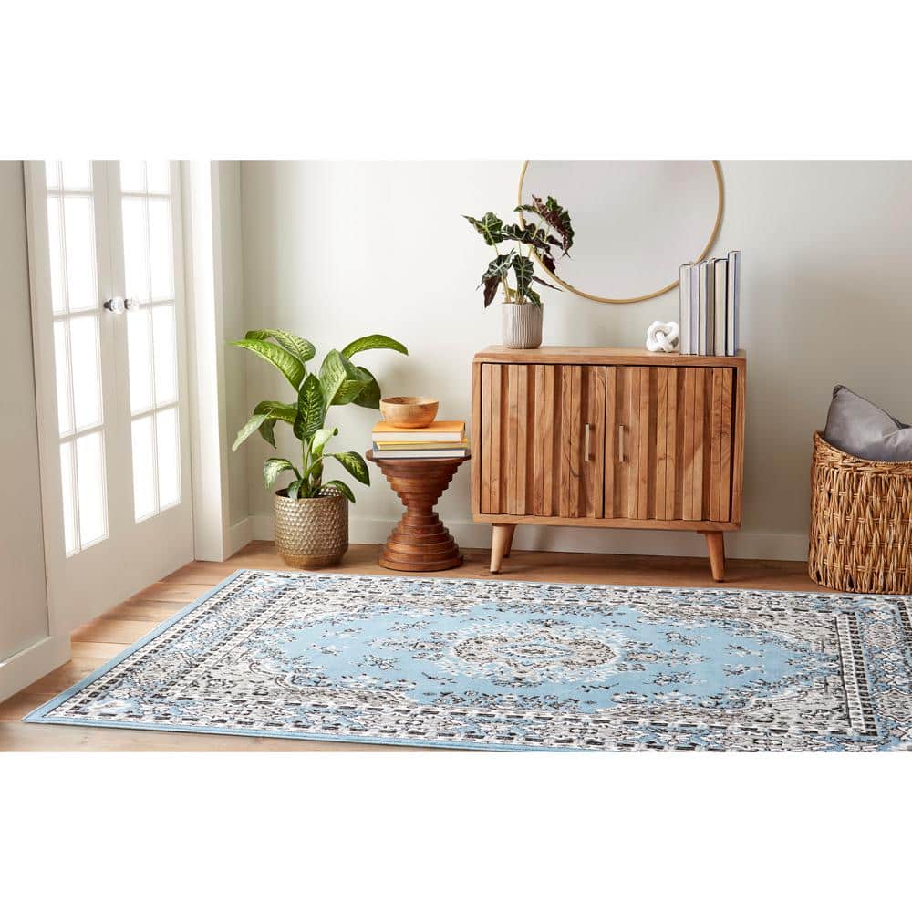 Premium Blue and Gray Medallion Synthetic Area Rug
