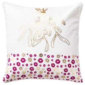 Holiday Ivory/Gold Foil Mistletoe Cotton Poly Filled Decorative 20 in. x 20 in. Throw Pillow