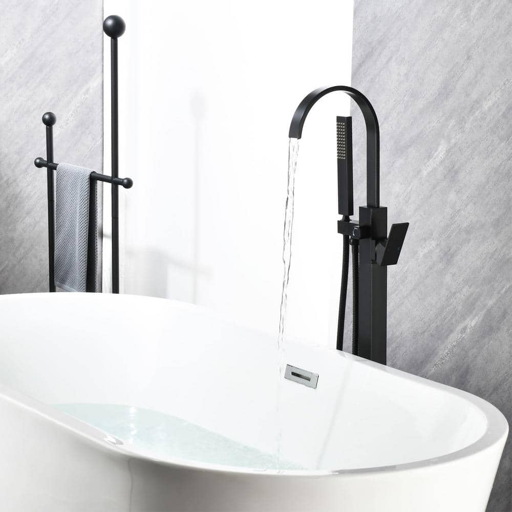 Matte Black Brass Freestanding Waterfall Tub Faucet with Hand Shower