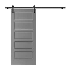 30 in. x 80 in. Light Gray Stained Composite MDF 5 Panel Interior Sliding Barn Door with Hardware Kit