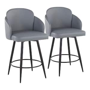 Dahlia 40.25 in. Grey Faux Leather & Black Metal Counter Height Bar Stool with Chrome Metal Accent (Set of 2)