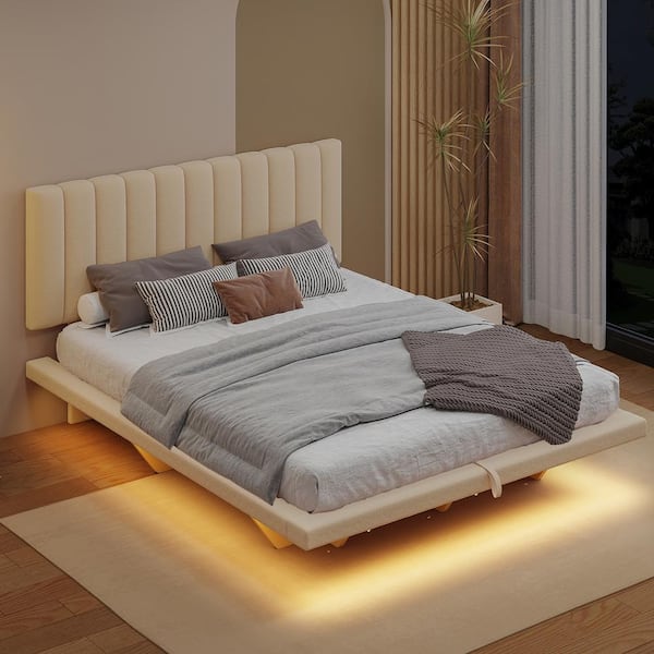 Harper & Bright Designs Floating Beige Wood Frame Queen Velvet Upholstered Platform Bed with Under-Bed LED Light, Hydraulic Storage, USB Port