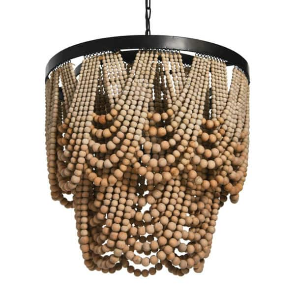 3-Light Brushed Black Metal Finish 2-Tier Draped Wood Bead Chandelier in Natural