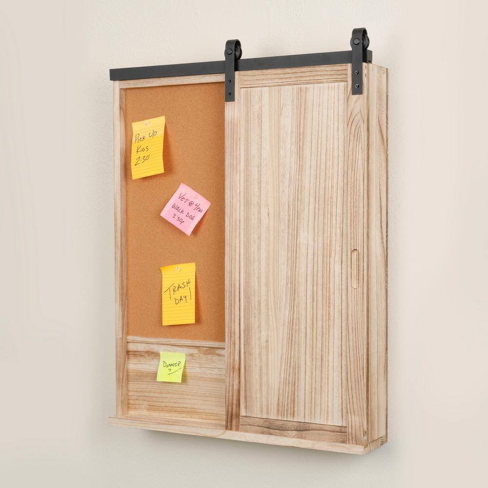 Natural Wood Barn Door Wall Organizer with Corkboard