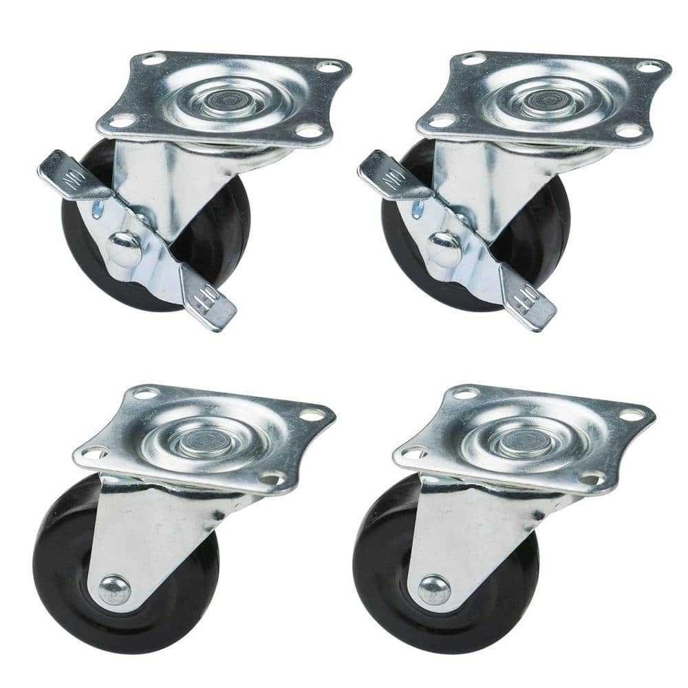 2 Inch Set of 4 Durable Low Profile Rubber Wheel Swivel Plate Caster w/ Brake 