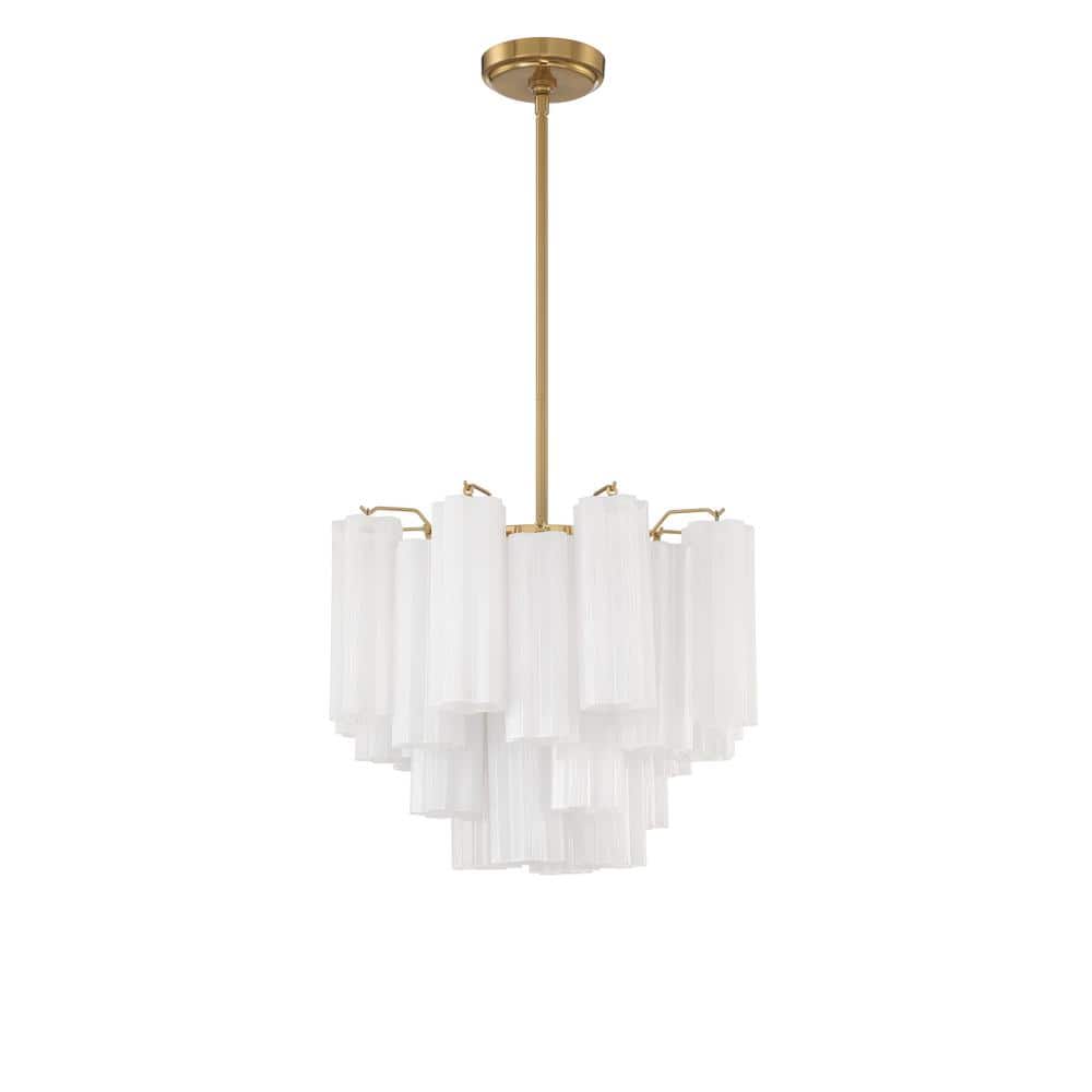 Aged Brass and White Glass 4-Light Chandelier
