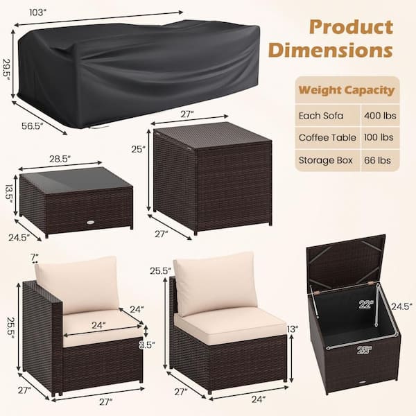 8-Piece Wicker Outdoor Sectional Furniture Set with Storage Box and Tempered Glass Coffee Table Beige Cushions