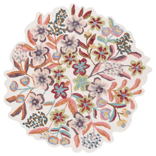 Jardin 5 ft. x 5 ft. Ivory/Pink Compact Floral Round Area Rug