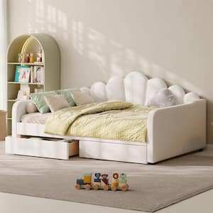 Beige Queen Size Velvet Upholstery Daybed with Shall Shaped Backrest and Drawer