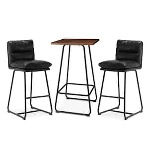 Pub Table Set -Modern Square Bar Table with Walnut Veneer Top and Black Thick Leatherette Bar Stools (Set of 3 )