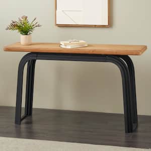 55 in. Black Half-Circle Metal Layered Console Table with Brown Tabletop