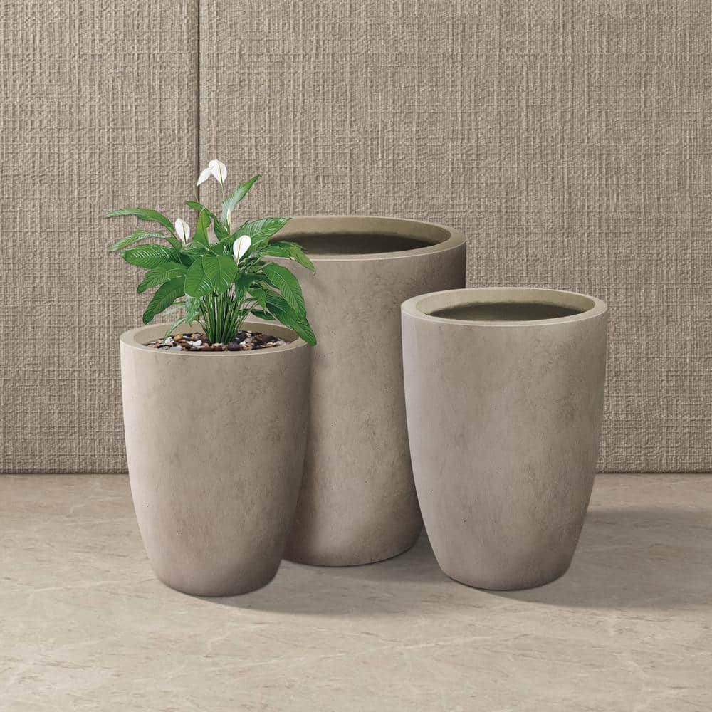 Weathered Gray Tall Round Concrete Planters Set of 3