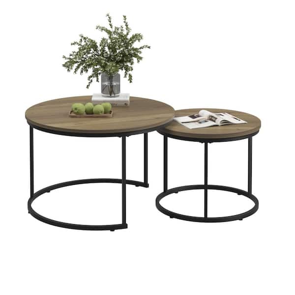 Lazura Modern 27.6 in. Brown Wood Finish Round MDF Nesting Coffee Table + End Table Set, Black Metal Base, Set of 2