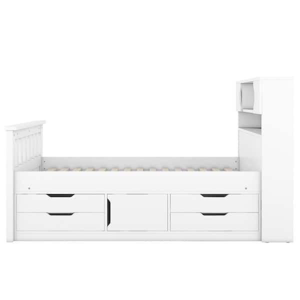 White Wood Frame Twin Size Platform Bed with Drawers and Storage Headboard