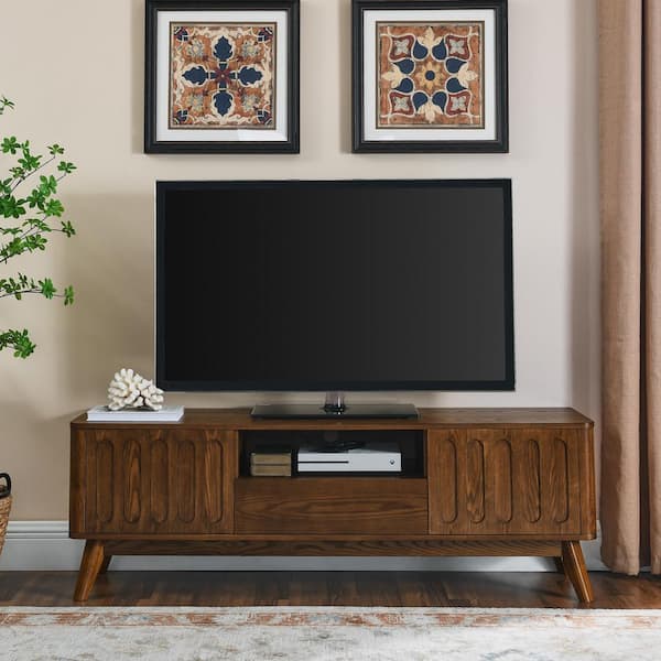 Kingsley Modern 59.1 in. Walnut Fluted TV Stand Fits TVs up to 65 in. with Shelves, 2-Door and Drawer