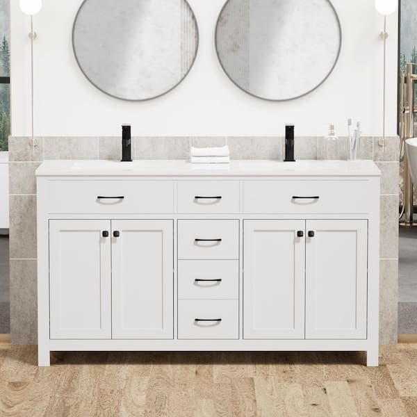 60 in. W x 18 in. D x 34 in. H Double Sink Freestanding Bath Vanity in White with White Resin SMC Top and Drain Faucet