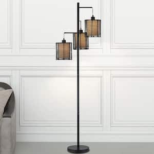 New York 65 in. Tree Black Floor Lamp With Rattan Shade
