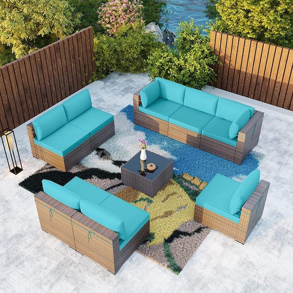 Halmuz 9-Piece Wicker Outdoor Sectional Set with Cushion Blue