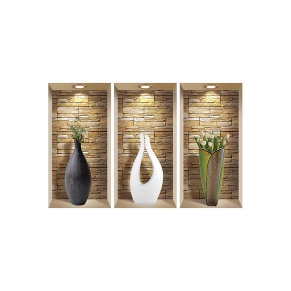 8 in. x 16 in. Brown, Green Faux Niche Peel and Stick Wall Art 3-Piece