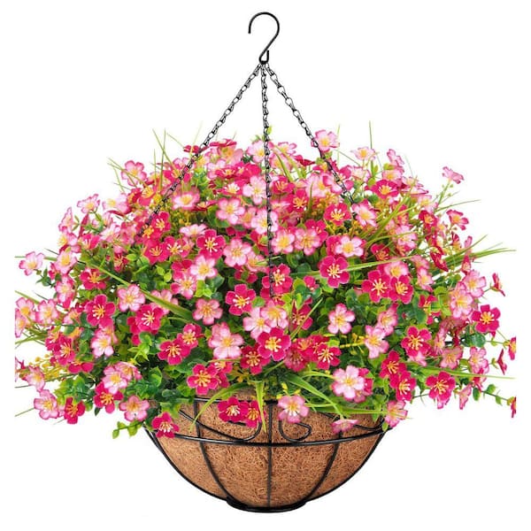 20.9 in. Pink Artificial Daisy Hanging Flowers with Basket, Spring