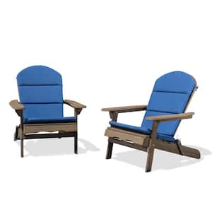 Malibu Gray Folding Wood Adirondack Chairs with Navy Blue Cushions (2-Pack)