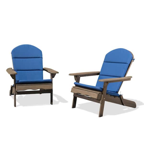 Noble House Malibu Gray Folding Wood Adirondack Chairs with Navy Blue Cushions (2-Pack)
