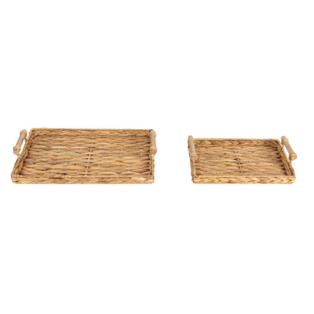 Natural Water Hyacinth Rectangular Tray Set with Wood Handles